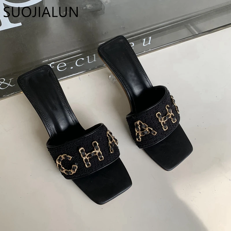 

SUOJIALUN 2023 Summer New Brand Women Slipper Fashion Square Toe Slip On Ladies Slides Thin High Heel Outdoor Dress Sandal Shoes