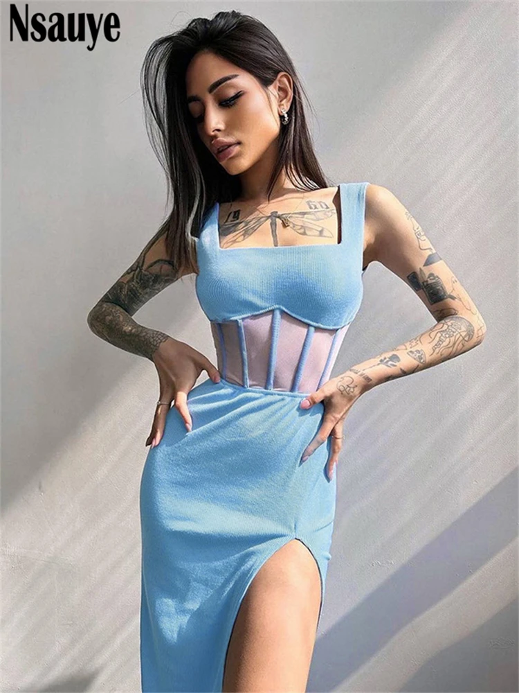 

Nsauye Summer Casual Fashion Midi Bodycon Sleeveless Dress Women Clothes 2023 Mesh Ribber Knitted Sexy Club Party Corset Dress