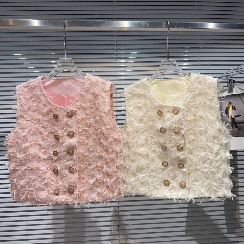 

PREPOMP 2023 Autumn New Collection Sleeveless Round Neck Double Breasted Buttons Hairy Tweed Vest Women GL016