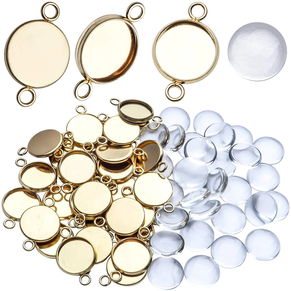 

30 Pcs 12mm Stainless Steel Bezel Pendant Double Holes Connector Trays Pendant Blanks Clear Glass Cabochons For Photo Pendant