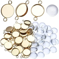 30 pcs 12mm stainless steel bezel pendant double holes connector trays pendant blanks clear glass cabochons for photo pendant