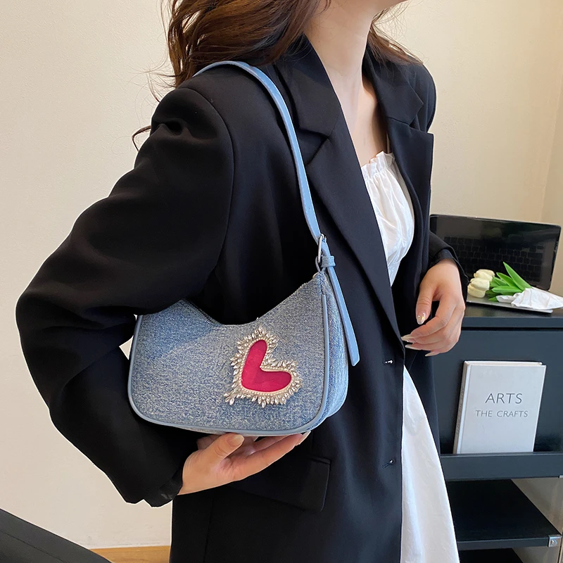 

Fashion Rhinestone Love Shoulder Bag Women Designer Blue Denim Woman Handbag Simple Solid Tassel Underarm Bag Female Purse 2023