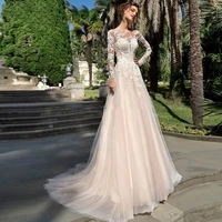wedding dress for women hy001 2022 long sleeves a line o neck tulle gowns button floor length slim elegant vestidos de novia