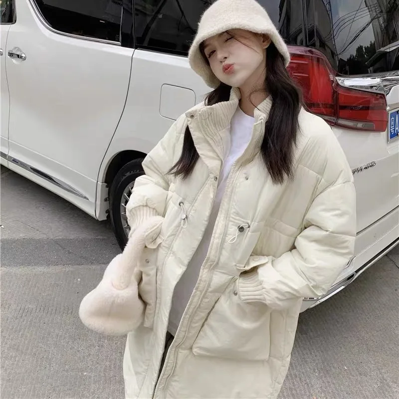 Women 2023 New Fashion White Duck Down Long Jacket Loose Coat Autumn Winter Warm Thicken Korean Style Big Pockets Overcoat O63