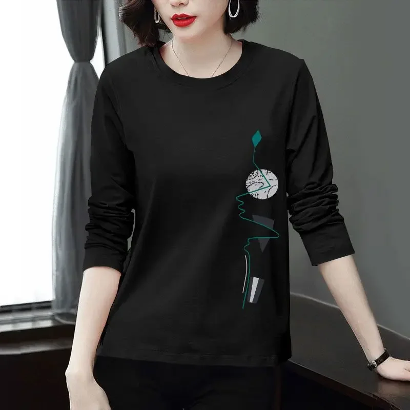 Хлопковая футболка с длинным рукавом женская свободная размера плюс базовый