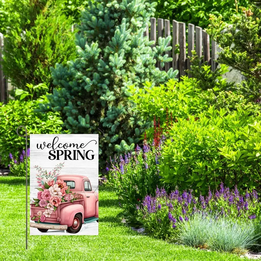 Добро пожаловать весенний розовый грузовик садовый флаг для улицы 12x18 дюймов