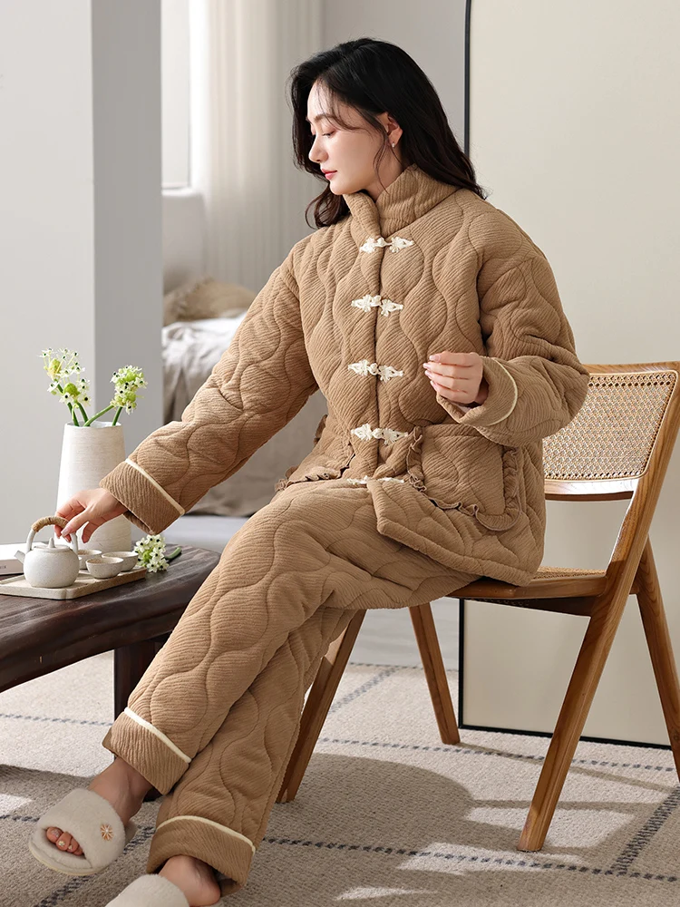  Новые китайские пижамы из кораллового флиса женские осенне-зимние трехслойные
