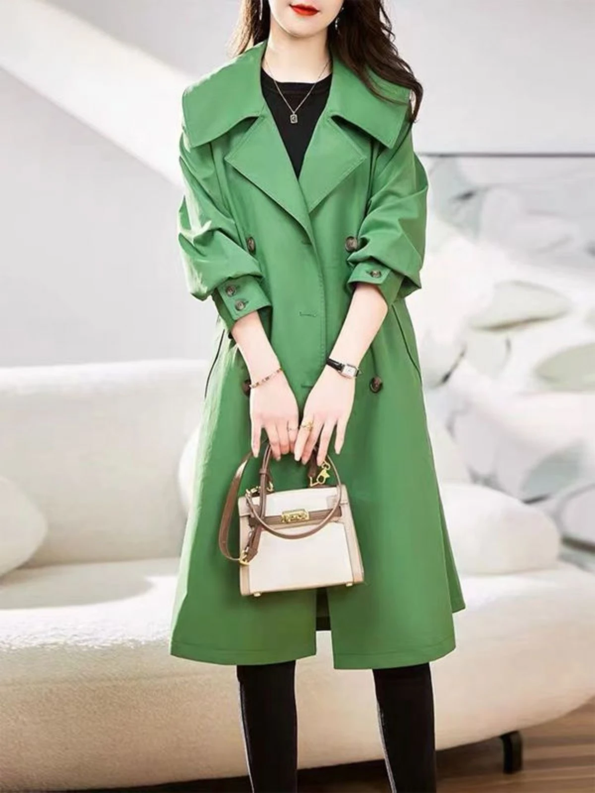 

Luxury Spring Autumn Women Jackets Mid-length Trench Coat Long Sleeve Korean Fashion Double-breasted Buttons Office Ladies New