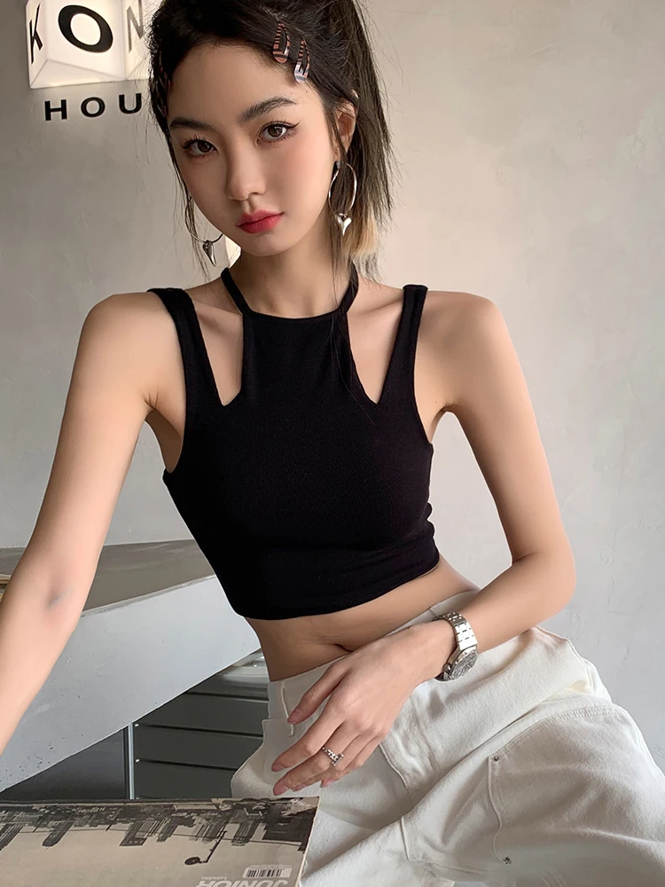 

BETHQUENOY Vest Women 2023 Debardeur Femme Black Top Femme Sexy Cut Out Vests Tshirts Sleeveless Slim Fitted Casual Crop Top