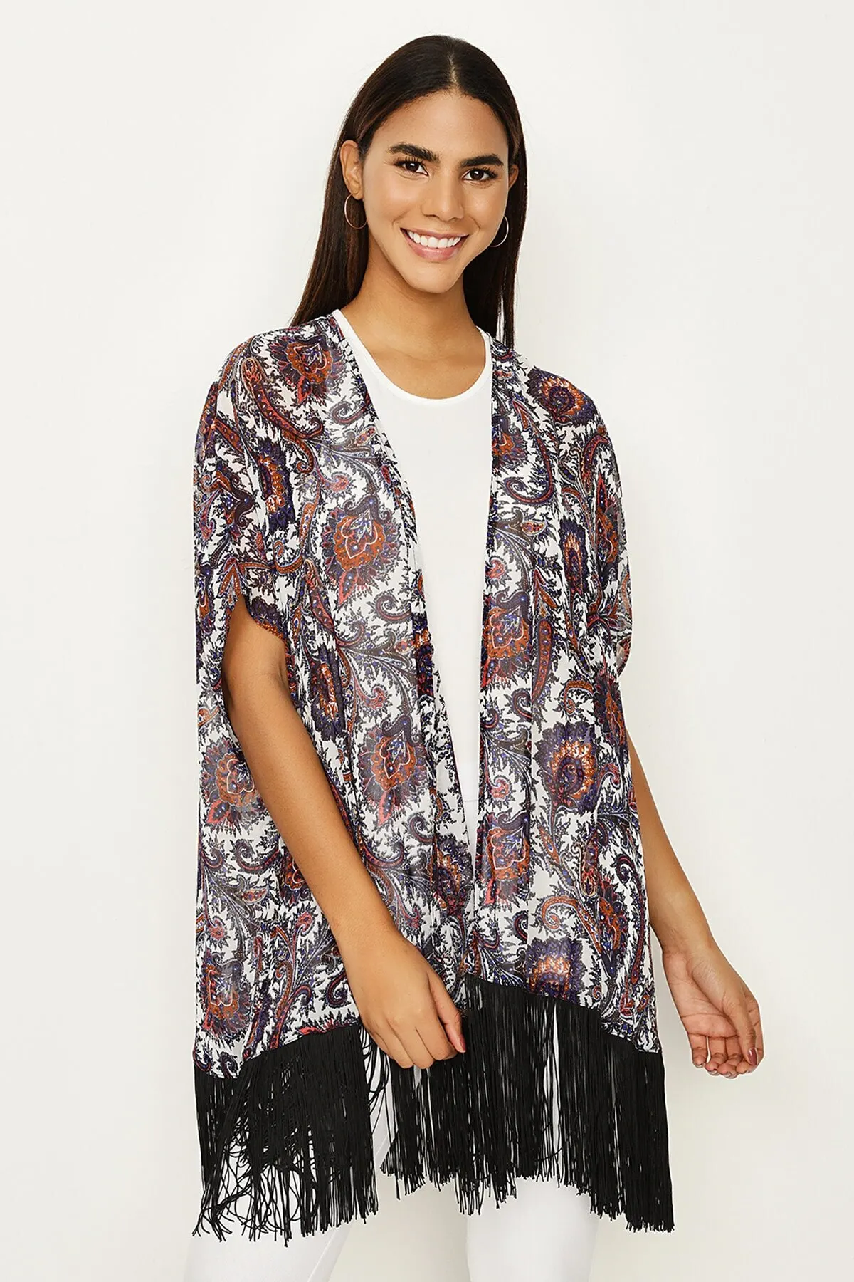 

Women's Kimono White Patterned Tasseled Kimono Fashion Bathrobe For Ladies
