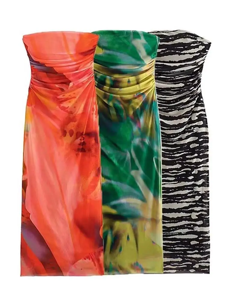 

MESTTRAF Sexy Design 2023 Y2K Printed Strapless Tulle Midi Dress Sexy Straight Neck Side Draped Female Dresses Vestidos