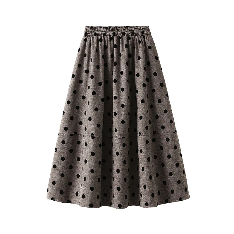 

2022 Spring Winter New Elastic Waist High Waist Big Swing Black Skirt Women with Lining Autumn Polka Dot Mid Skirt Women
