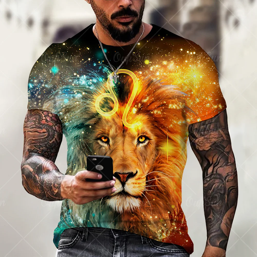 

Summer New Men's T-Shirt Fashion Handsome Lion Pattern Over-sized Loose Street Clothes 3D Printing Round Neck T-shirt