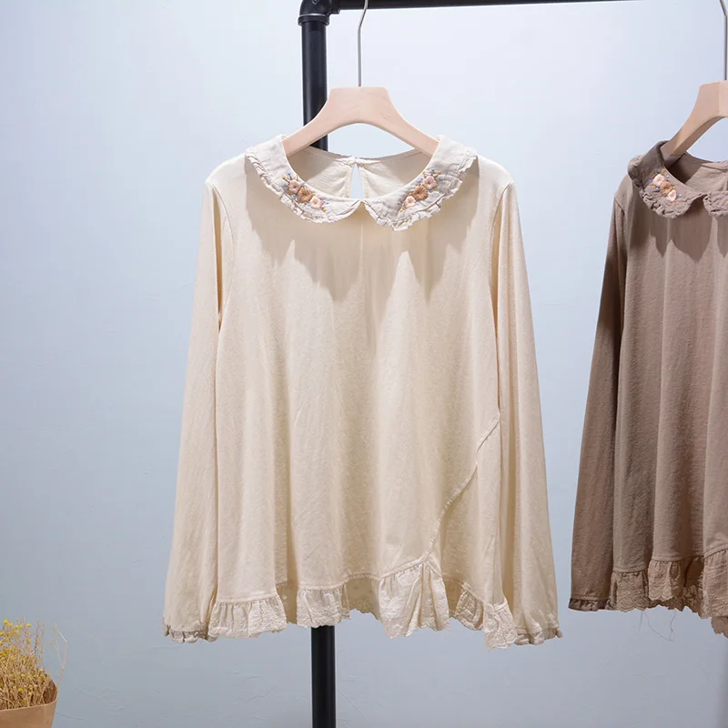 

Summer Sweet Embroidery Flower T Shirt Women Long Sleeve Casual Tops N822