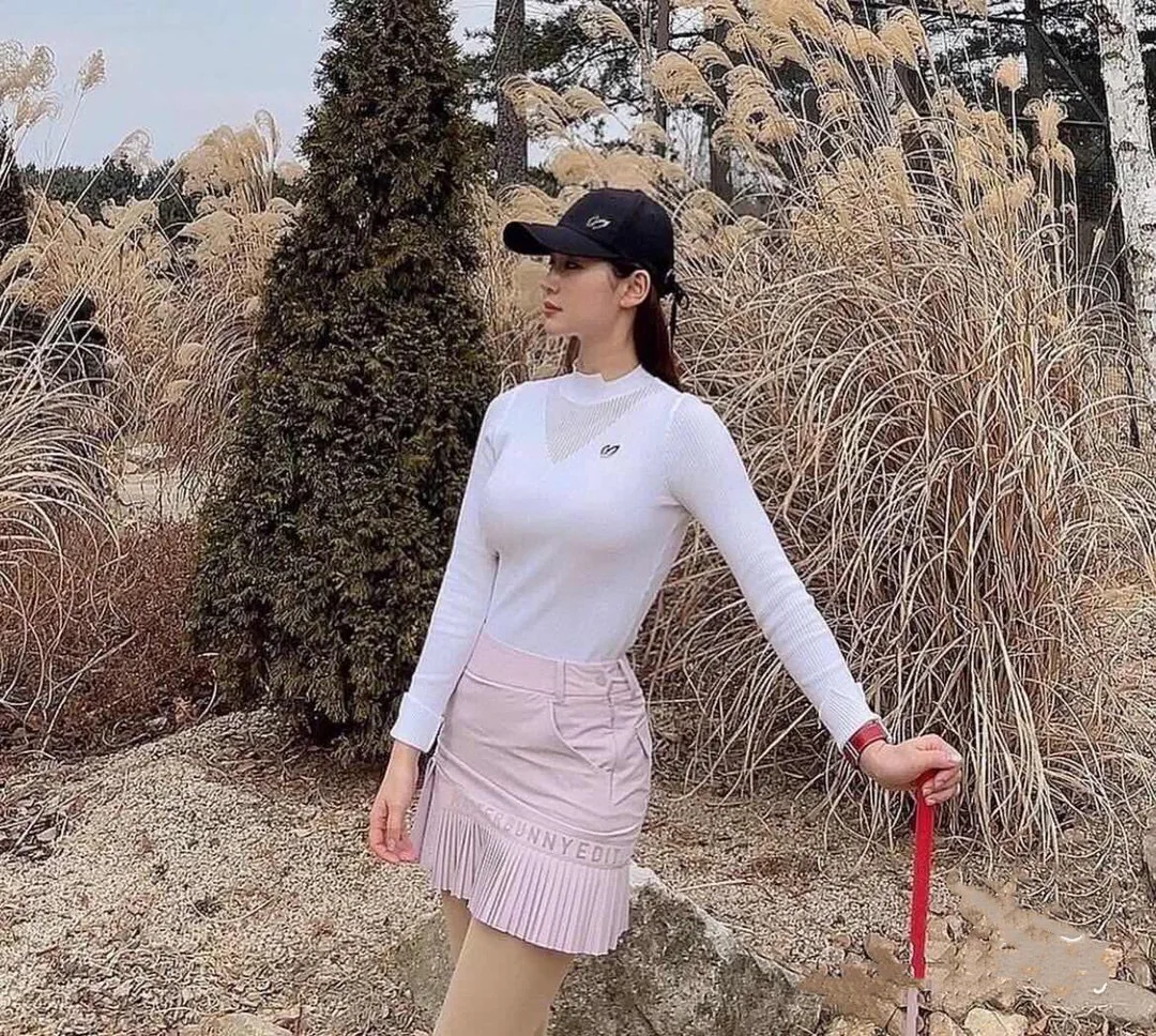 Autumn winter 2022 new golf long-sleeved sweater women's vertical stripe slim stretch collar hollow knit outdoor sports leisure