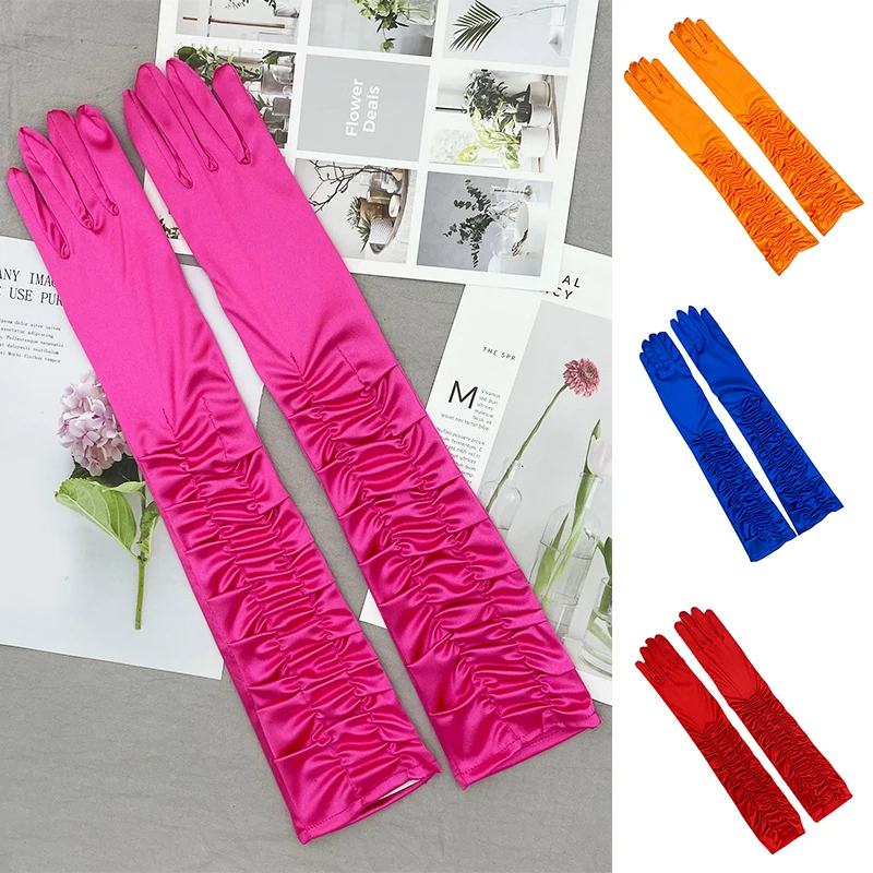 

Длинные плиссированные атласные перчатки 51 см, Элегантные Перчатки для дискотеки, свадебные аксессуары для невесты, платье невесты фиолето...