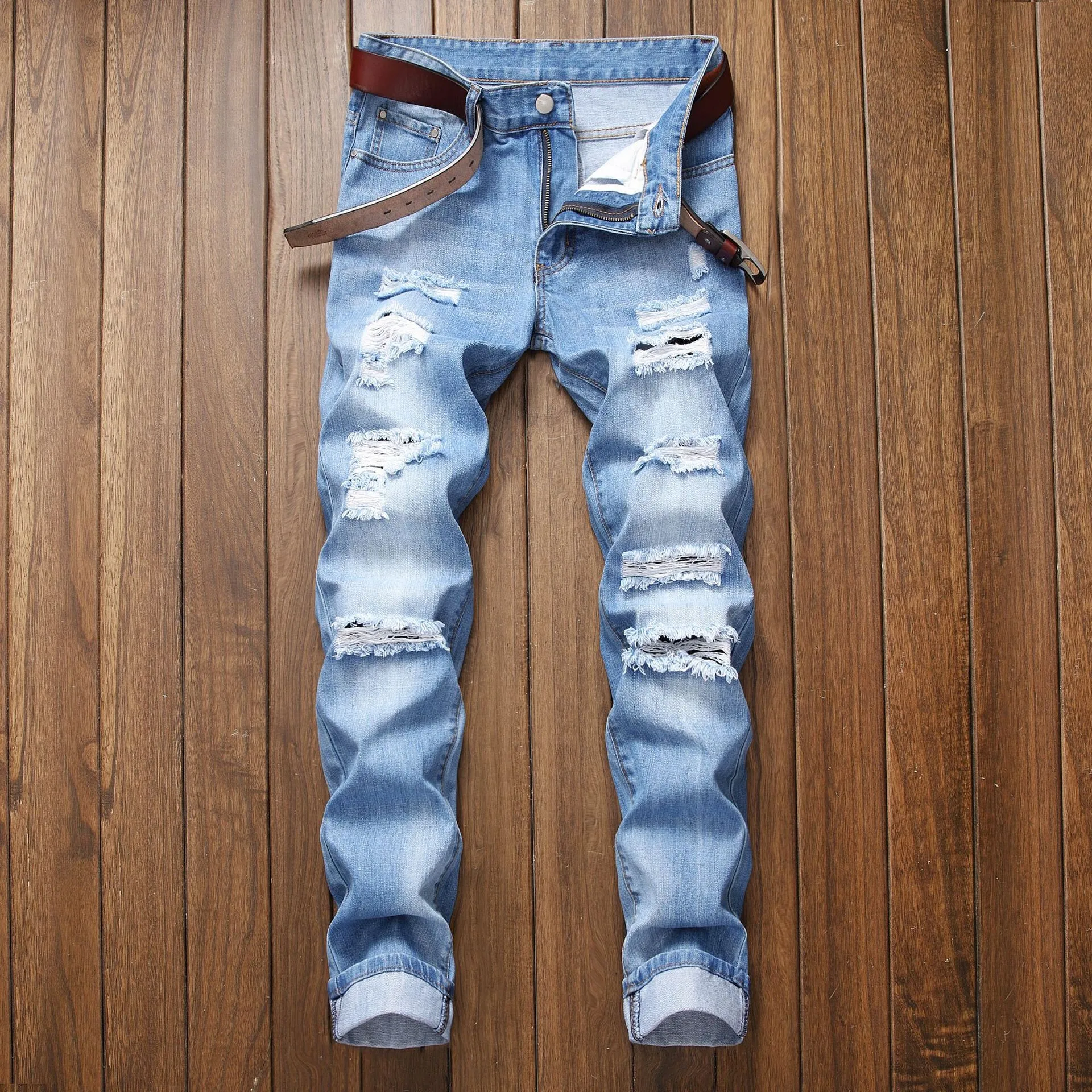 Men Jeans Streetwear Knee Ripped Skinny Hip Hop Fashion Estroyed Hole Pants Solid Color Male Stretch Casual Denim Big Trousers