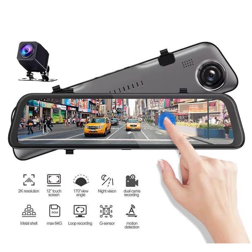 

2K Car DVR 12" Dash Cam Stream Media Rear View Mirror Dash Camera Vehicle Video Recorder Parking Monitor Night Vision G-sensor