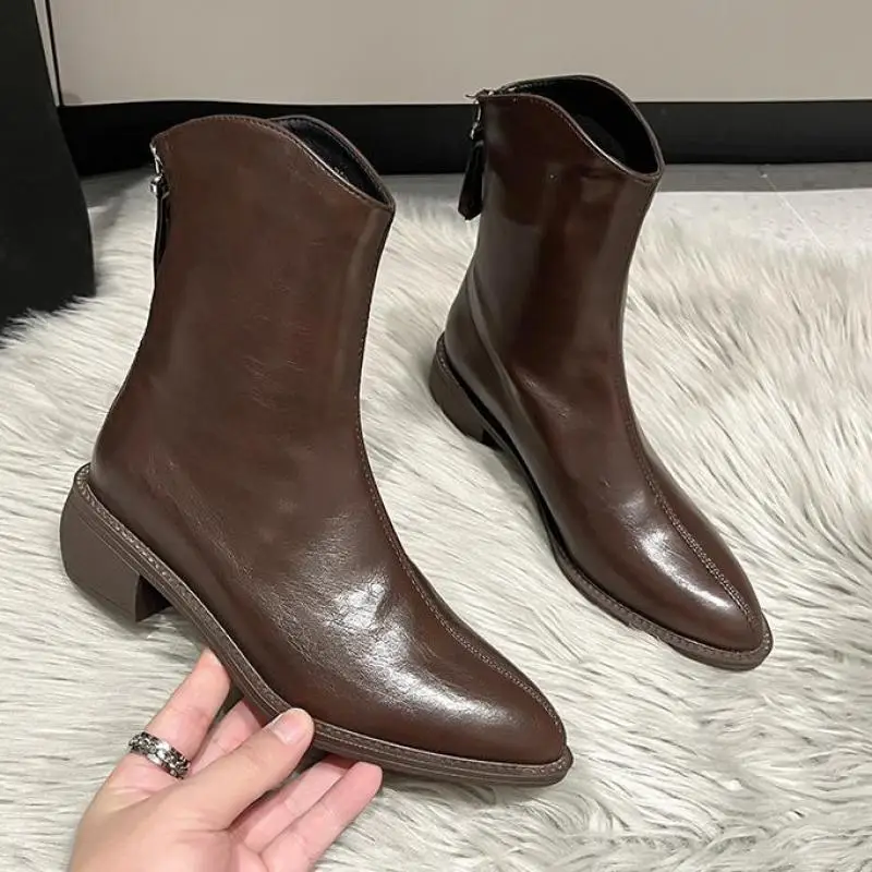 

New Women Short Boots Leather Square Heel Winter Shoes Fashion Ankle Ladies Footwear Size Ytmtloy Pointed Toe Botines De Muje