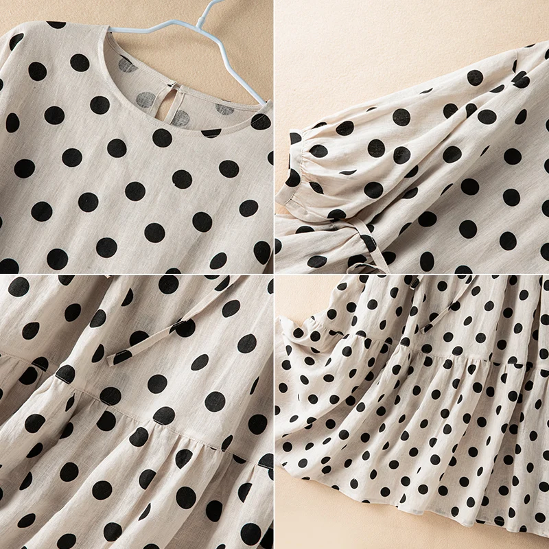 Женское винтажное хлопковое платье в горошек повседневное Свободное длинное