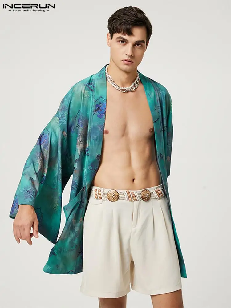 

INCERUN Men Shirt Printing Cardigan Open Stitch Long Sleeve Streetwear Pockets Casual Long Style Outerwear 2022 Vintage Kimono