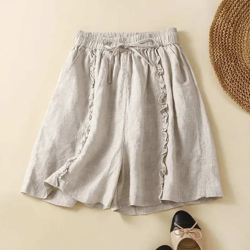 

Cotton Hemp Fungus Edge Wide Leg Shorts for Women's 2023 Summer New Korean Version Retro Loose Fitting Five Point Pants LuckBN