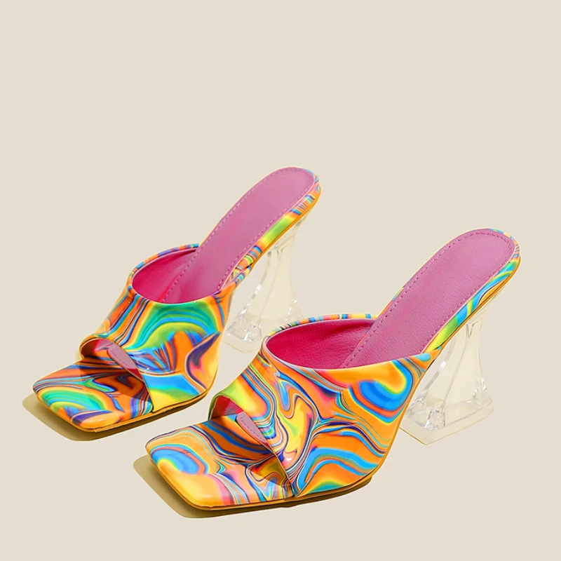 Women Casual Crystal Heel Open Toe High Heel Sandals Fashion Female Shaped High Heel Square Head Outdoor Slippers