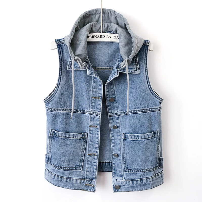 

Vintage Blue Removable Hooded Big Pocket Denim Vest Women Waistcoat Cowboy Sleeveless Jacket Korean Slim Short Jeans Vest Female