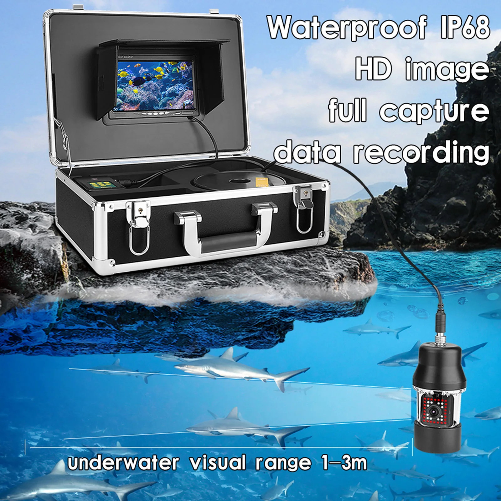 

Underwater Fishing Camera 7 Inch 20m/50m 1000TVL Fish Finder with Depth Temperature 360 Degree Rotating Panoramic viewing Camera