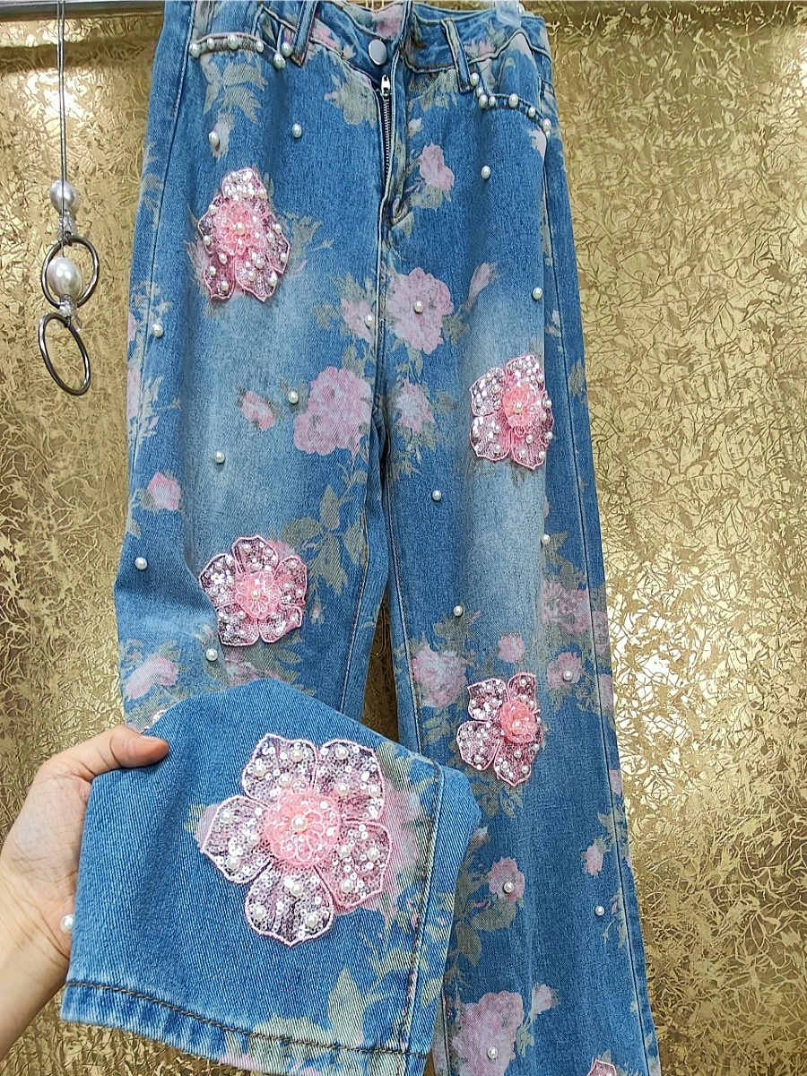

Роскошные тяжелые Промышленные женские джинсовые широкие брюки ручной работы с объемными розовыми цветами
