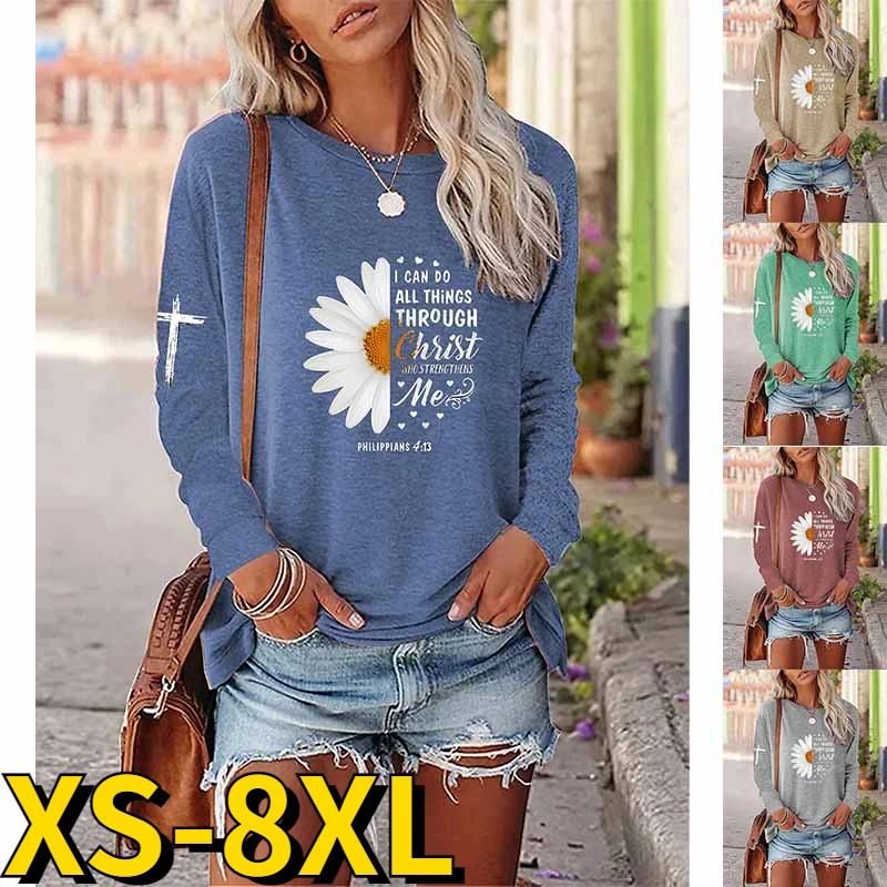 2022 Winter Round Neck T-shirt Women's Flower Printing Pullover Casual Tops Loose Tee Shirt Autumn Fashion Loose Long Sleeve