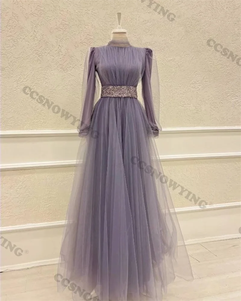 

Мусульманские Вечерние платья с длинным рукавом и бусинами на талии, тюлевые мусульманские Официальные Вечерние платья с высоким воротником для женщин