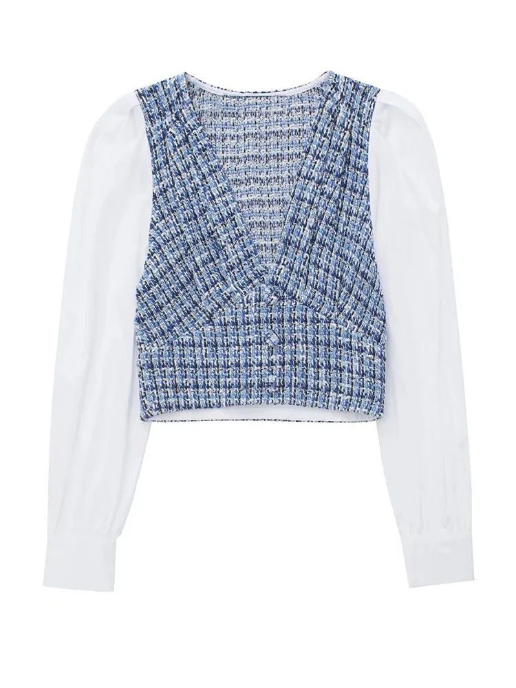 

Women 2022 Spring New Fashion Textures stitching Blouses Vintage Long Sleeve Side Zipper Female Shirts Chic Top