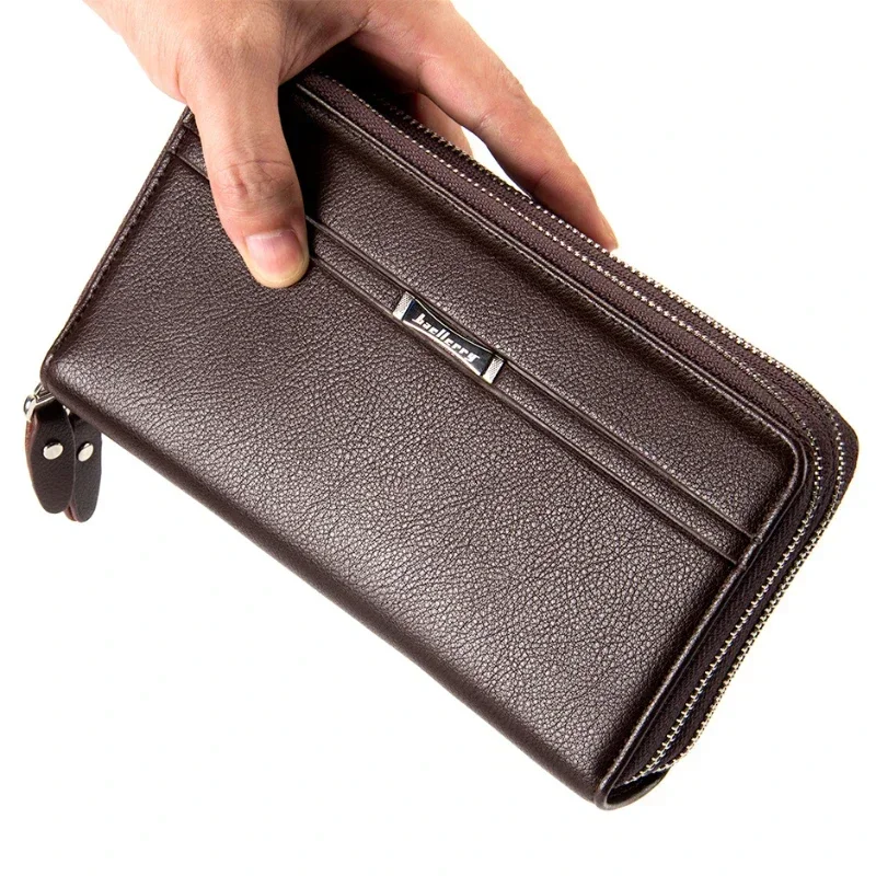 

Новый мужской кошелек, вместительный мужской кошелек, предназначенный для повседневного и делового использования с двойной молнией и ремешком на руку