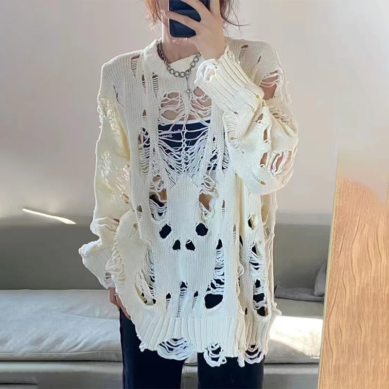 

Женский пуловер с вырезами и разрезами, свободный однотонный Белый Готический свитер в стиле панк с длинным рукавом и круглым вырезом, Y2k