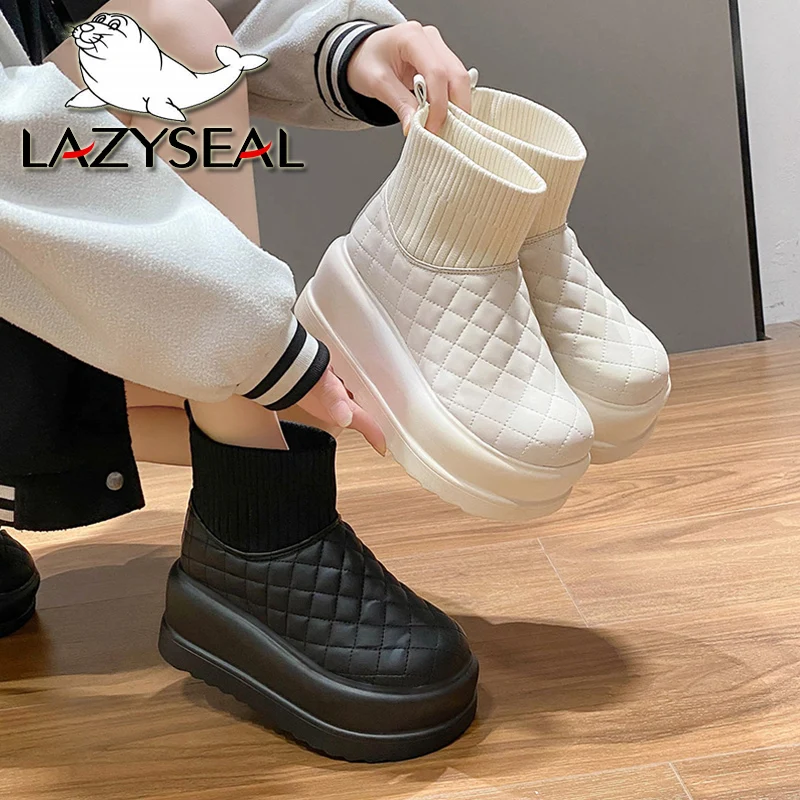 

Женские ботинки на платформе LazySeal, высокий каблук 7,5 см, Теплые ботильоны с подкладкой из короткого плюша, клетчатый дизайн, женские зимние Б...