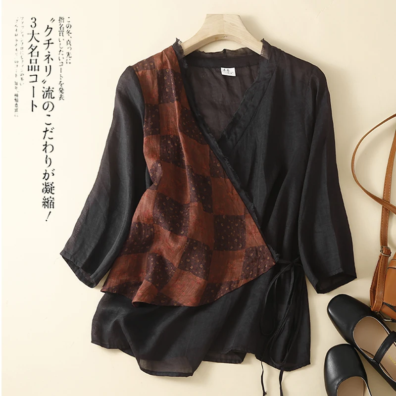 

New Arrival Patchwork Printed Lacing Shirts Womens Casual Summer V Neck Half Sleeve Tee Vintage Art Style Blouse for Female