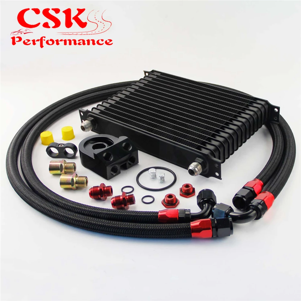 

15 ROW AN10 UNIVERSAL ENGINE TRANSMISSION OIL COOLER BLACK+FILTER ADAPTER KIT