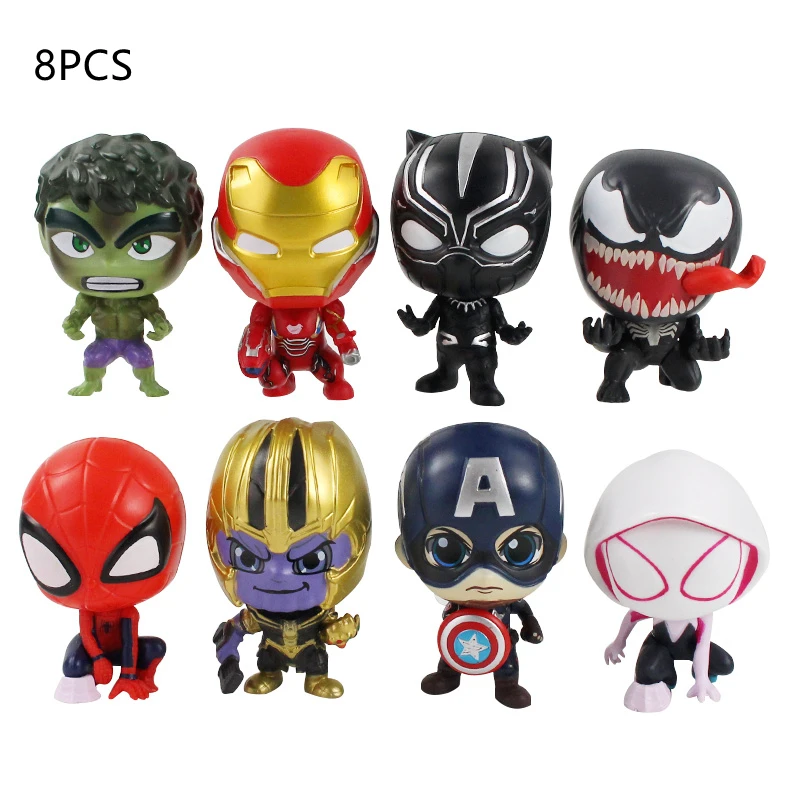 

8pcs Marvel Infinity War Avengers Figures 8cm Spiderman Thanos Hulk Thor Iron Man Black Panther Captain America Venom Gwen Toys