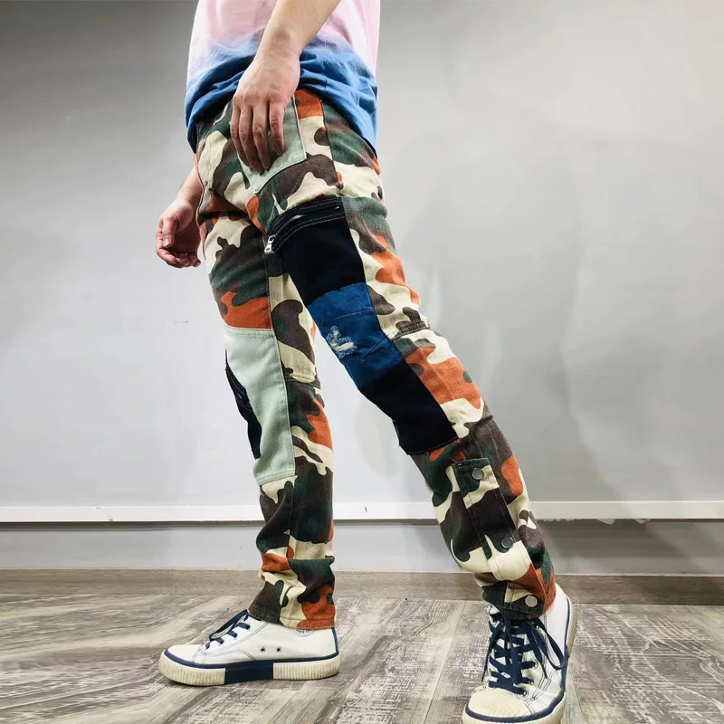 Spring Autumn Men’s Jeans High Quality Comfortable Streetwear Trend Camouflage Patchwork Washed Overalls Men Denim Trousers
