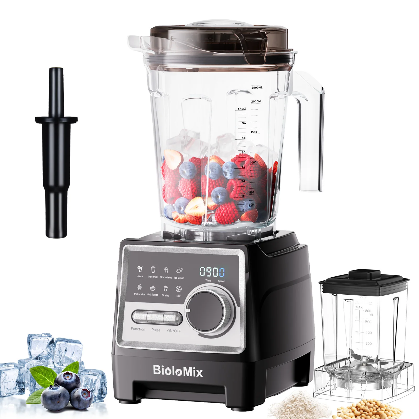 

Профессиональный блендер BioloMix мощностью 1500 Вт с банкой без BPA 2,6 л с 6 лезвиями, 7 предустановленных программ для смузи, коктейлей, орехового молока
