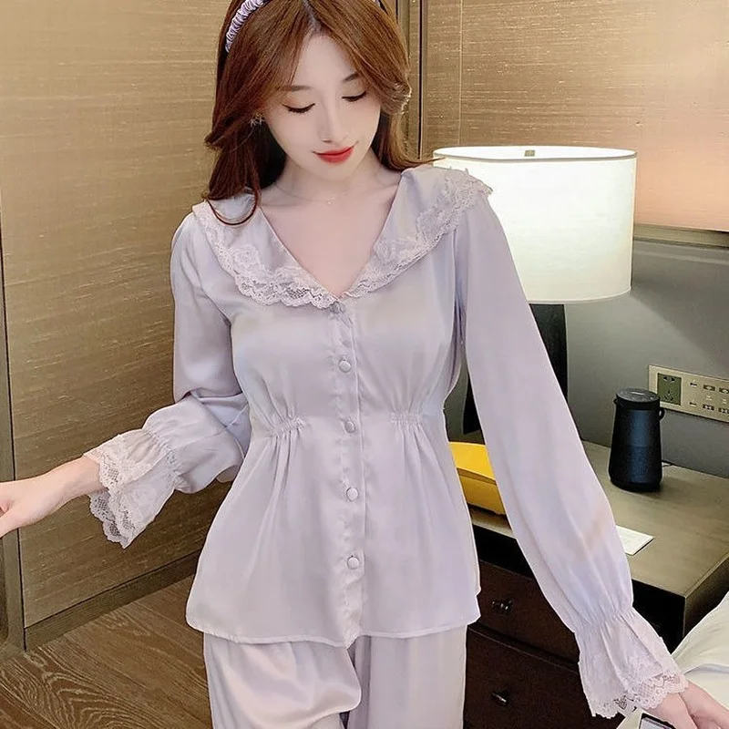 QWEEK Womens Pajamas Two Piece Sets Satin Silk Sleepwear Summer Autumn Solid Color Lapel Long Sleeved Trousers Pijamas Pyjamas