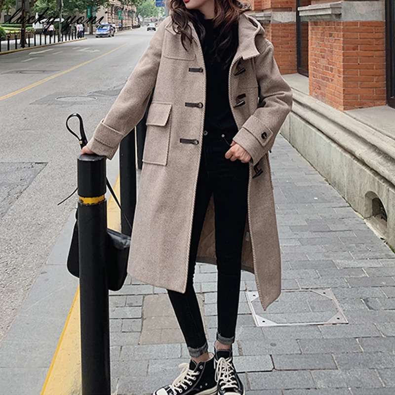 

Yoni Fashion Mid-length Hooded Woolen Coat Women Winter Casual Loose Solid Coat Female Horn Button Over-the-knee Outercoat