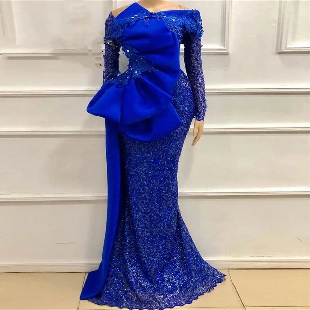 

Aso Ebi Style Outfit Royal Blue Lace Mermaid African Formal Dresses With Big Bow Full Sleeves Nigerian Women Dresses To Prom