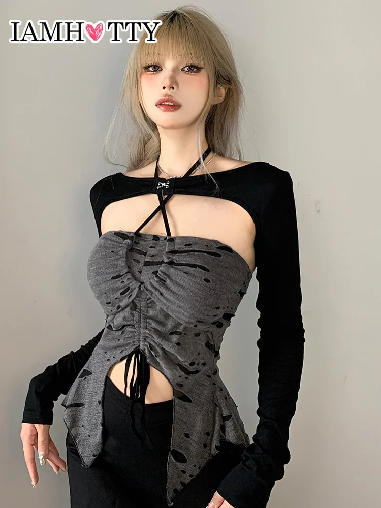 

IAMHOTTY Ripped Hole Irregular Criss-cross Halter Top Women Do Old Sexy Slim Knitted Tops Vintage Grunge Clothes Korean Style