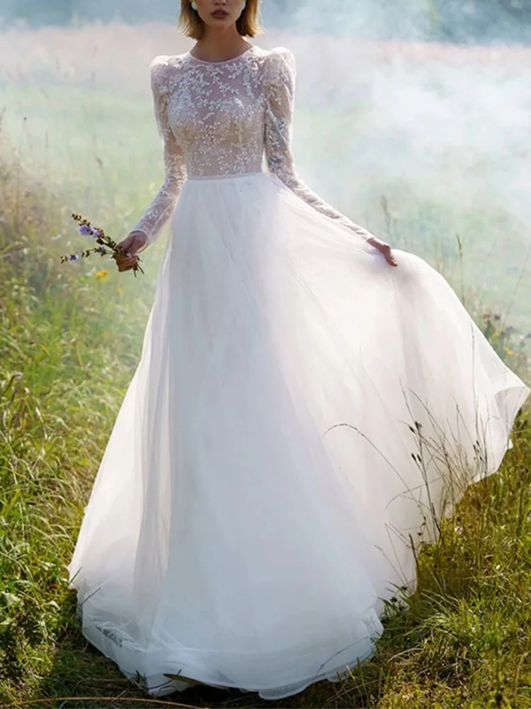 

Элегантное свадебное платье А-силуэта с длинными кружевными рукавами длинное платье для невесты Кружевная аппликация Тюль со шлейфом плат...
