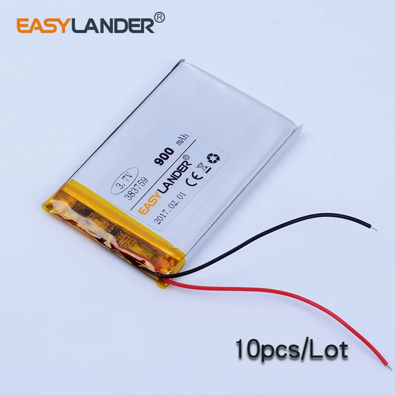 

10pcs/Lot 383759 3.7V 900mAh Rechargeable Li-Polymer Li ion Battery For Bluetooth Speaker GPS Tracker DVR mp3 mp4 mp5 PDA phone