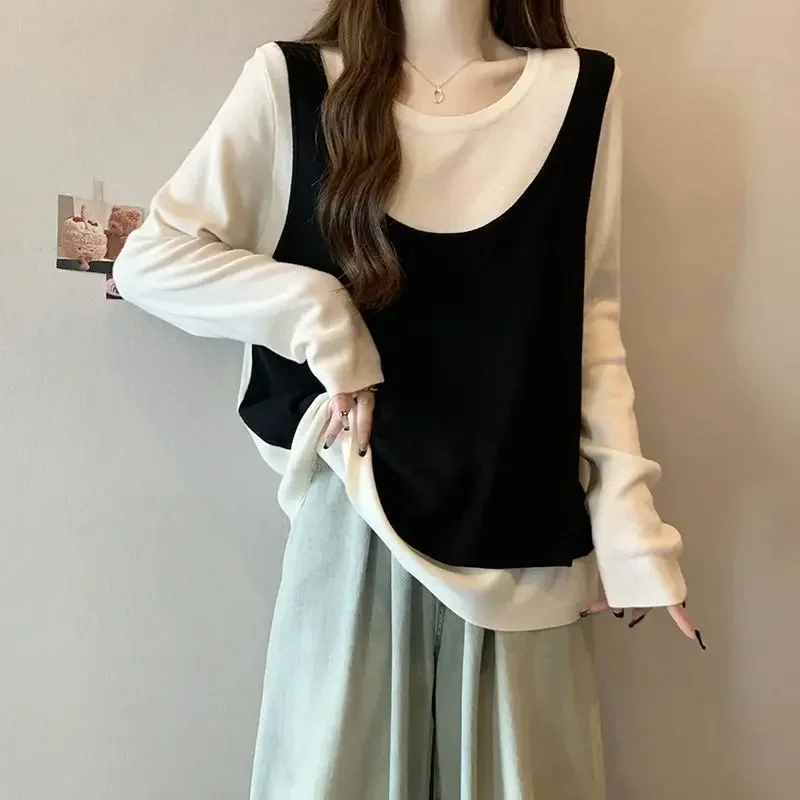 Весенне-осенние повседневные контрастные лоскутные футболки с длинным рукавом и