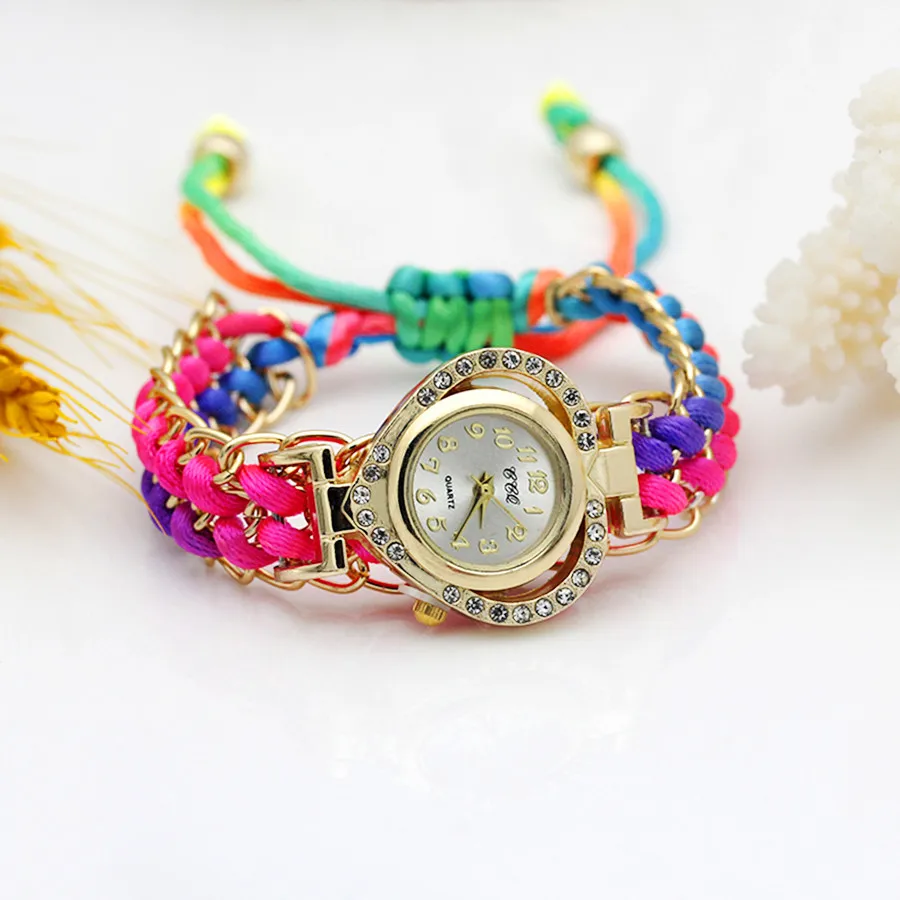 

Loving Heart Gold Women Dress Watch New Ladies Hand-knitted Wristwatch Color Sparkling Rhinestone Fabric Clock Sweet Girl Watch