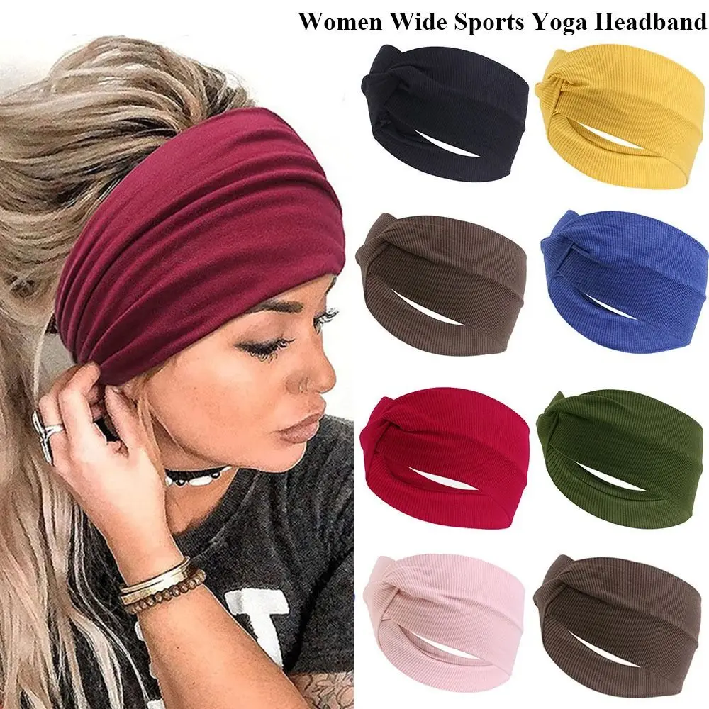 

New Solid Color Women Wide Sports Fold Cross Yoga Nonslip Headband Stretch Hairband Elastic Running Turban Running Headwrap